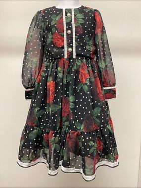 Patachou Black & Red Floral Polka Dot Long Sleeve Girls' Dress
